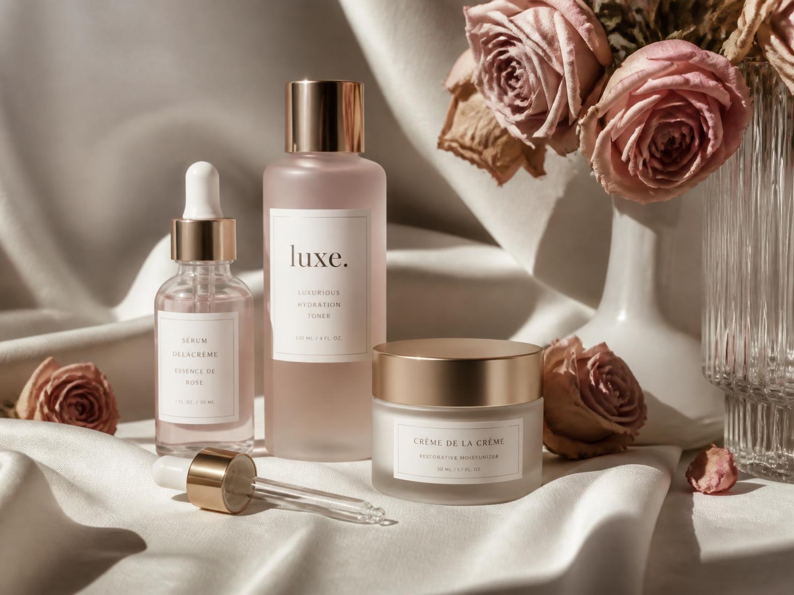 Luxury skincare serum, toner and cream on ivory silk with soft pink roses